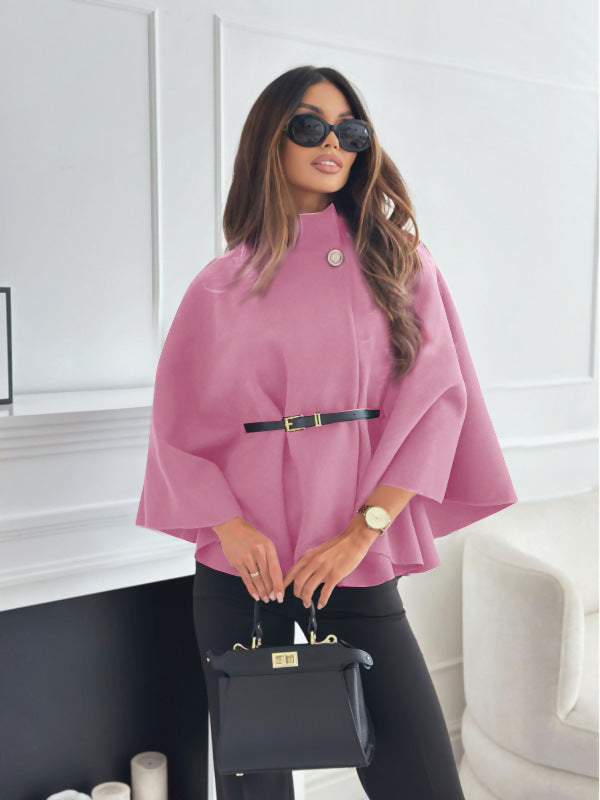 Belted Stand-Collar Batwing Cape Jacket