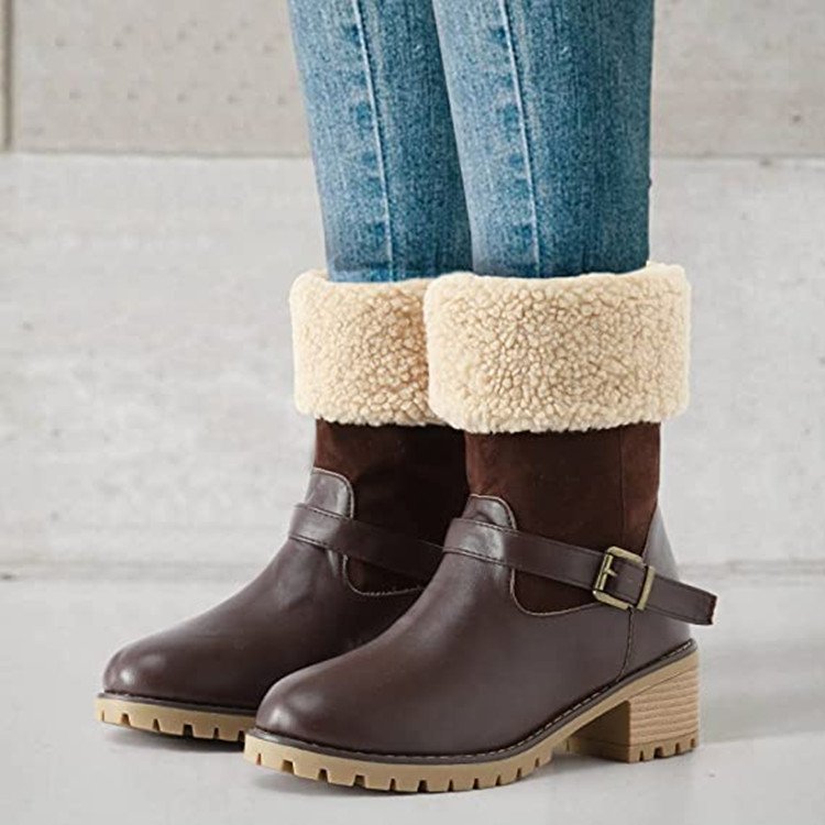 Sherpa Cuff Buckle Strap Block Heel Boots