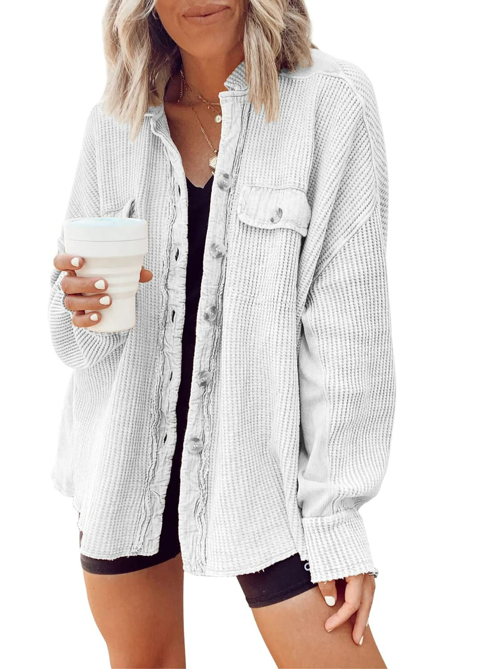Oversized Waffle-Knit Shirt Jacket