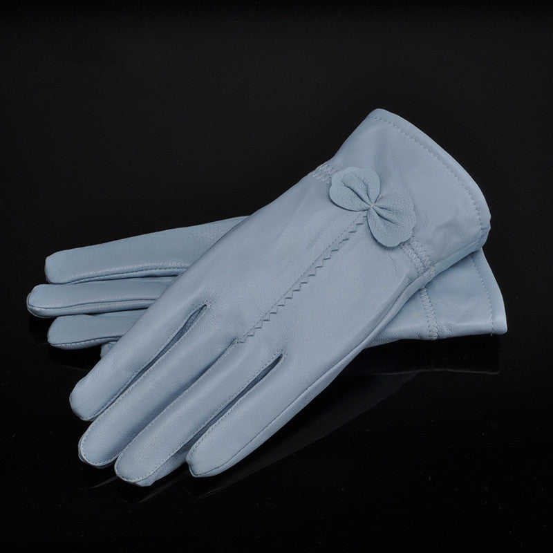 Bow-Trim Leather-Look Winter Gloves