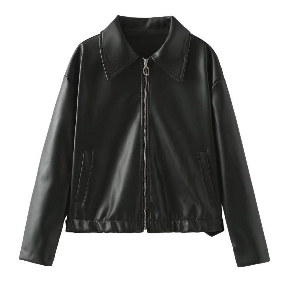 Cropped Faux Leather Collared Zip Jacket