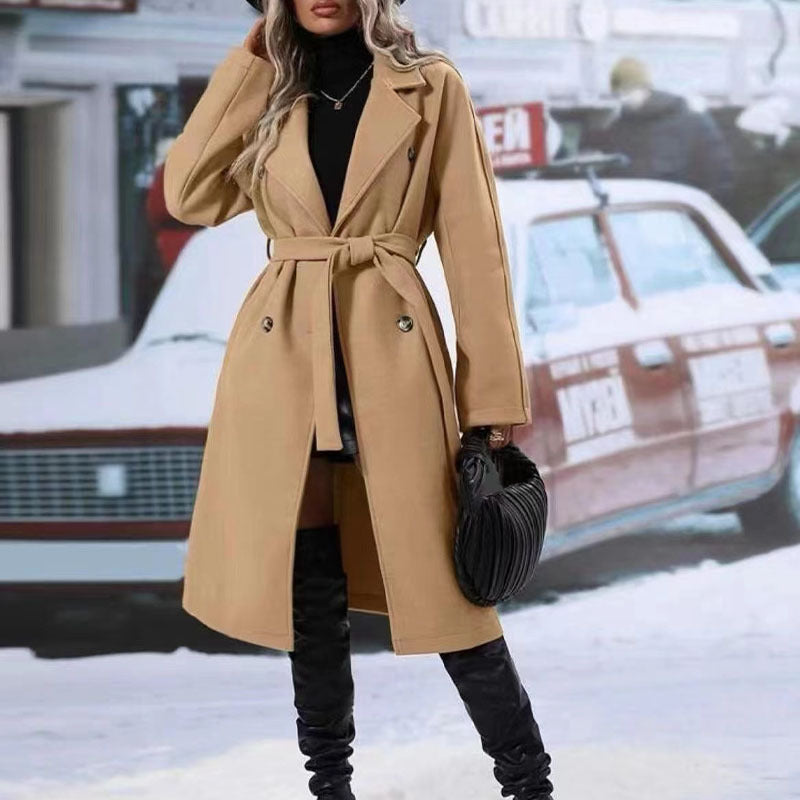 Belted Double-Breasted Wool-Look Long Coat