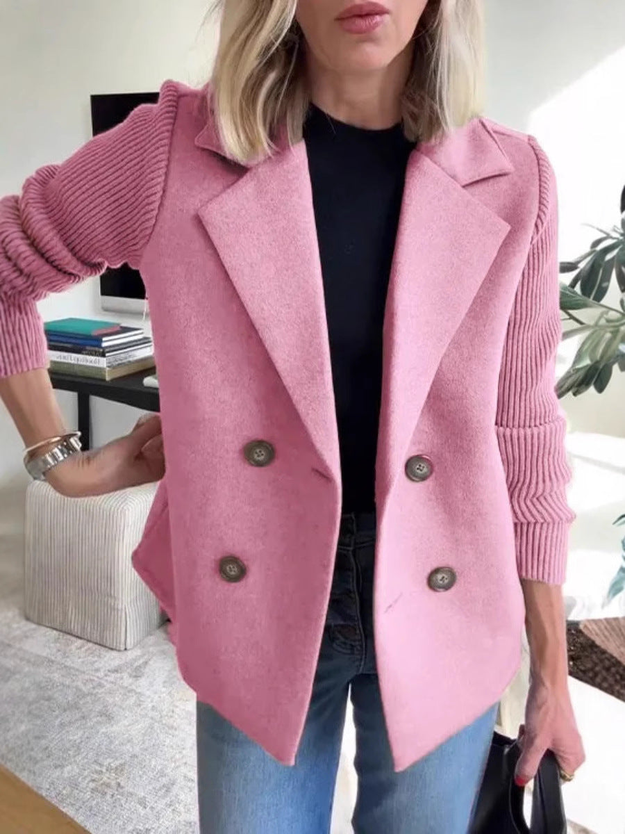 Double-Breasted Wool-Look Coat with Knit Sleeves