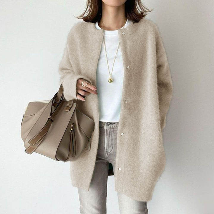 Fuzzy Knit Crew-Neck Long Cardigan