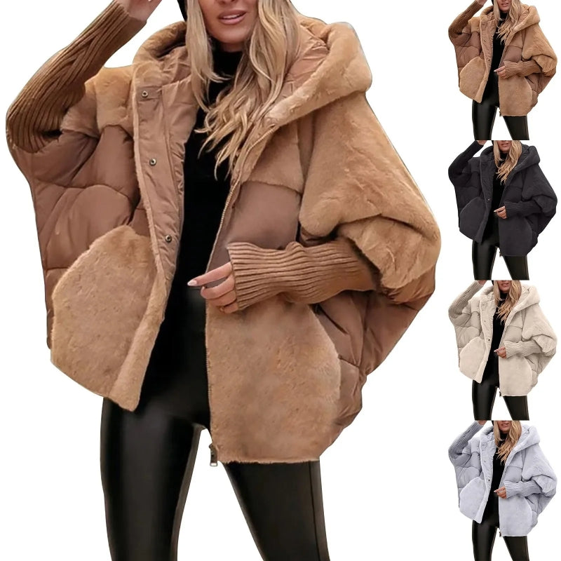 Hooded Faux Fur Patchwork Puffer Cocoon Jacket