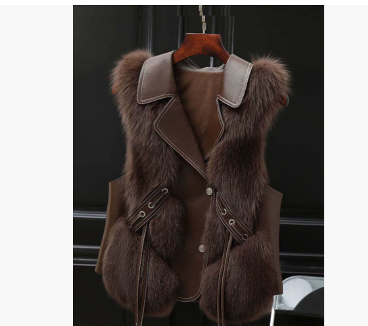 Plush Faux Fur Vest with Leather-Look Lapel