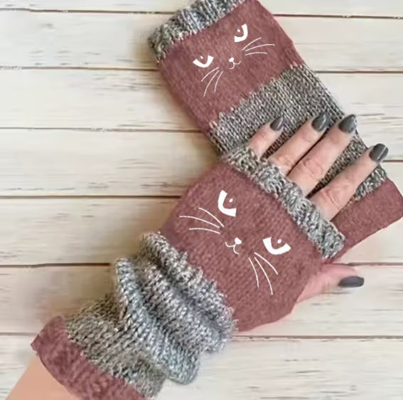 Embroidered Cat Fingerless Knit Gloves