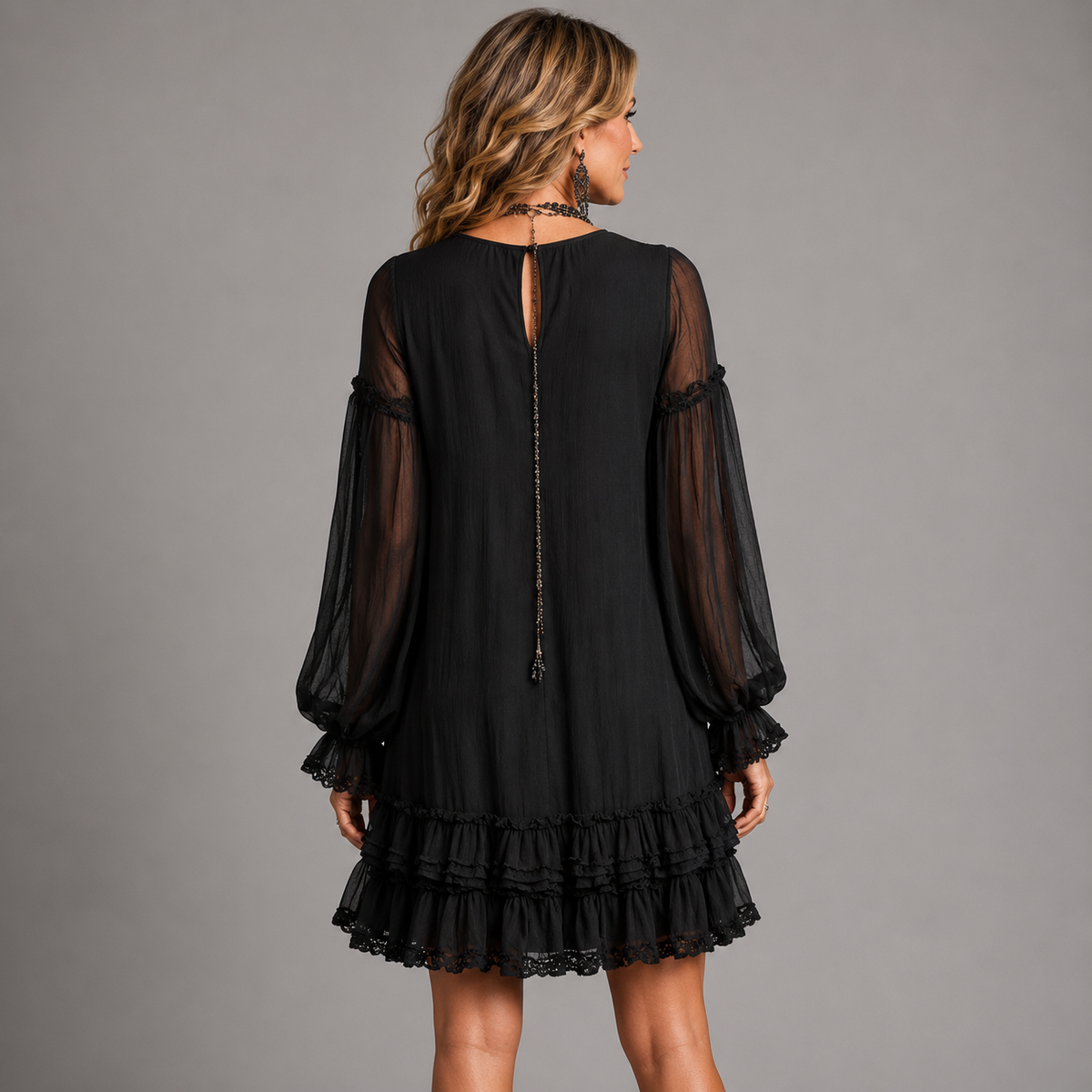 Sheer-Sleeve Ruffle Tiered Mini Dress