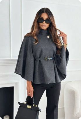 Belted Stand-Collar Batwing Cape Jacket