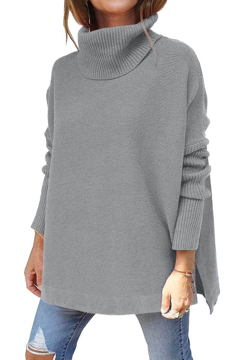 Oversized Turtleneck Split-Hem Tunic Sweater