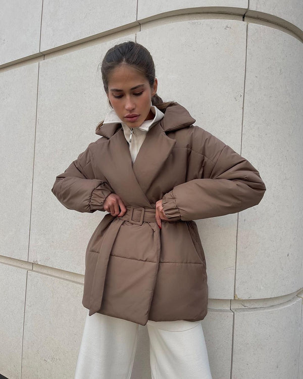 Belted Wrap Puffer Jacket with Lapel Collar