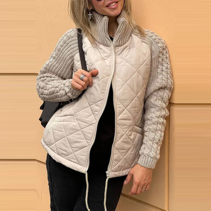 Quilted Zip Jacket with Cable-Knit Sleeves