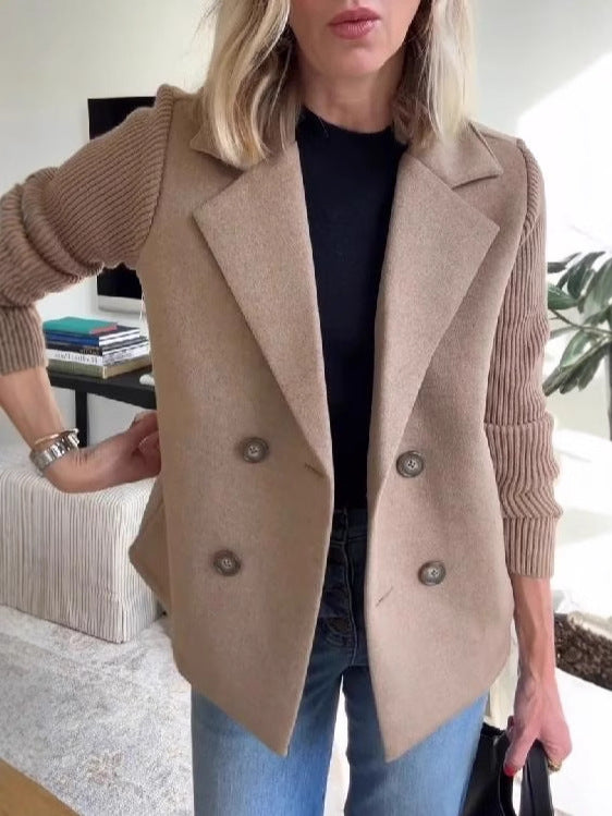 Double-Breasted Wool-Look Coat with Knit Sleeves