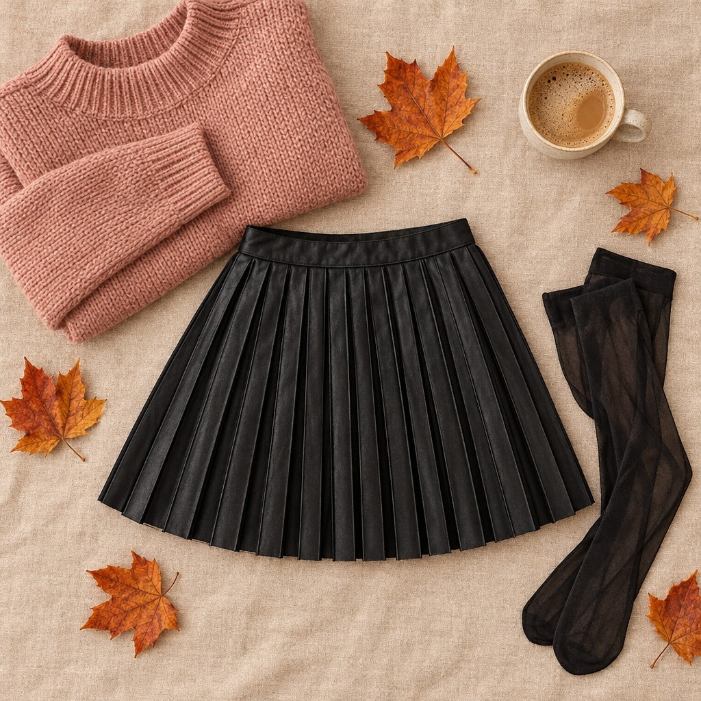 Black Pleated A-Line Mini Skirt