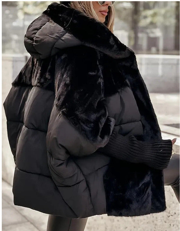Hooded Faux Fur Patchwork Puffer Cocoon Jacket