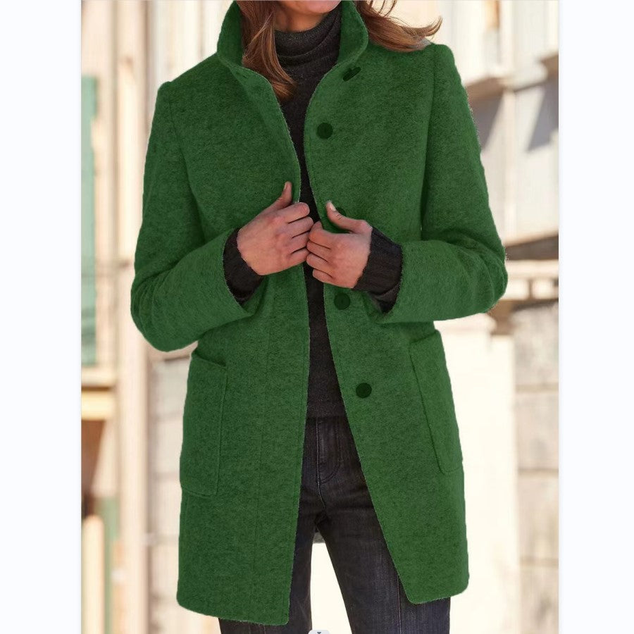Stand-Collar Wool-Look Button Coat