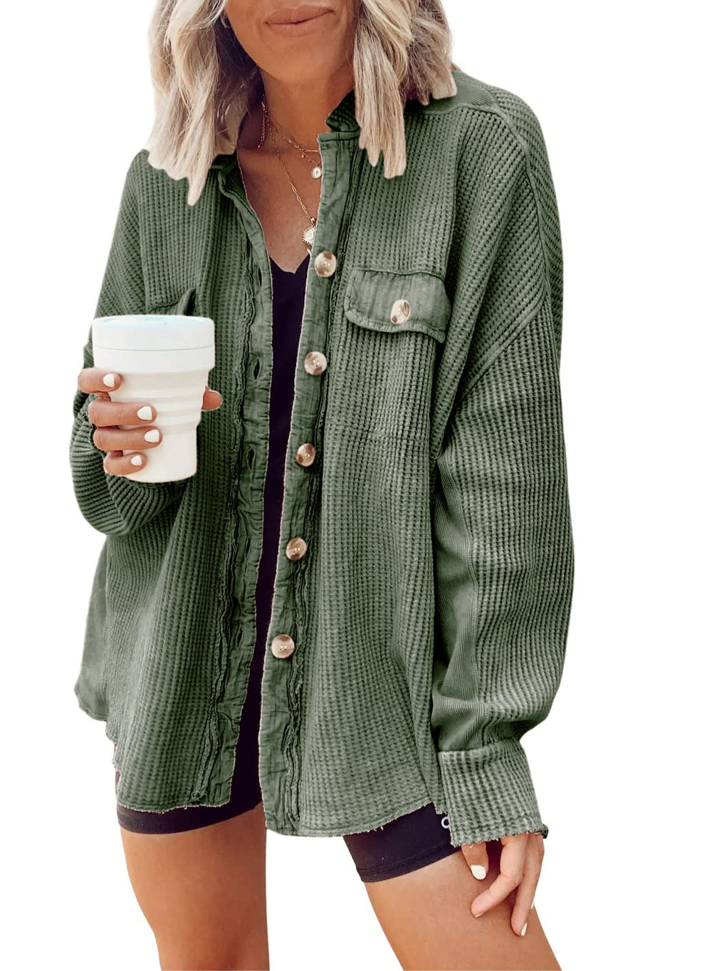 Oversized Waffle-Knit Shirt Jacket