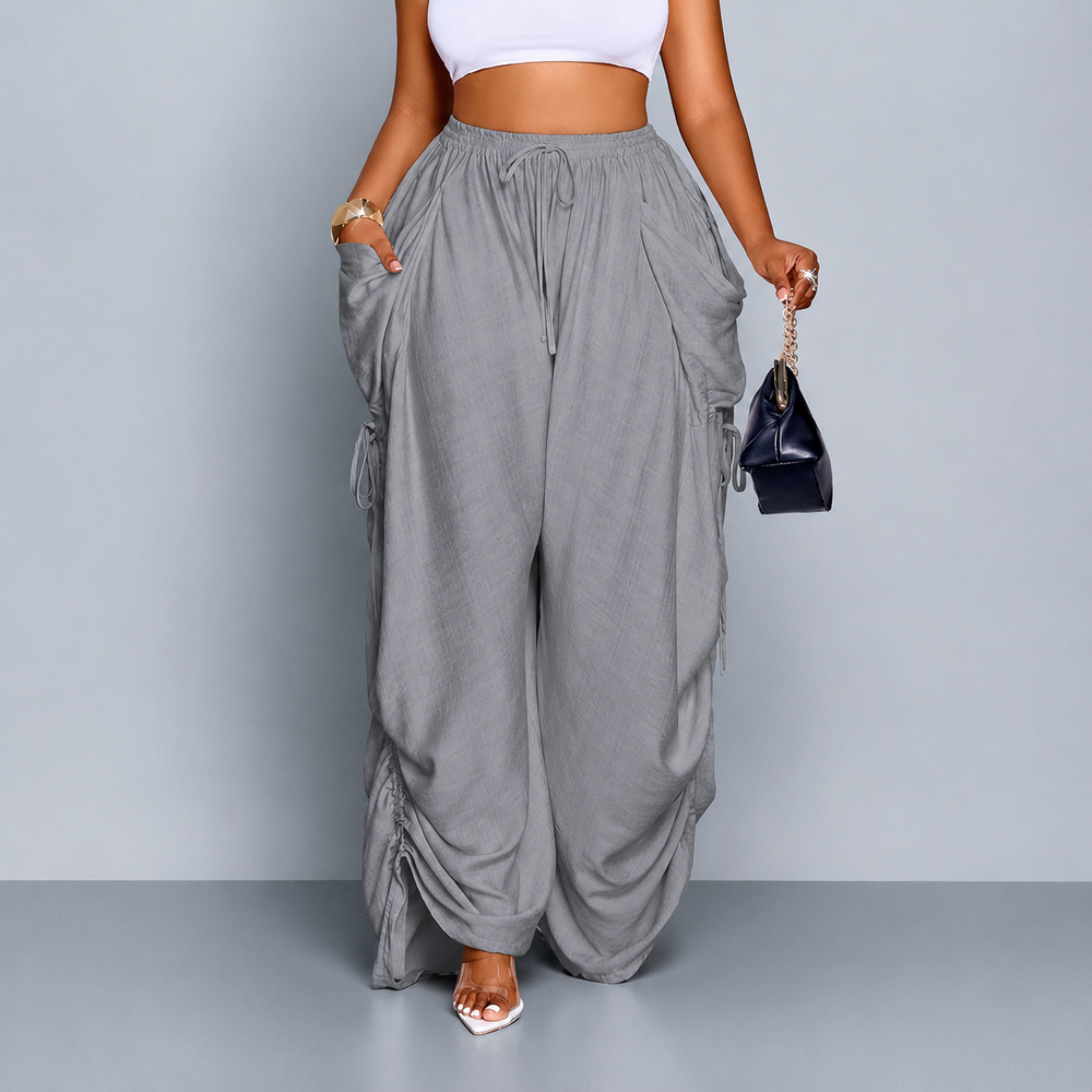 Ruched Wide-Leg Drawstring Pants