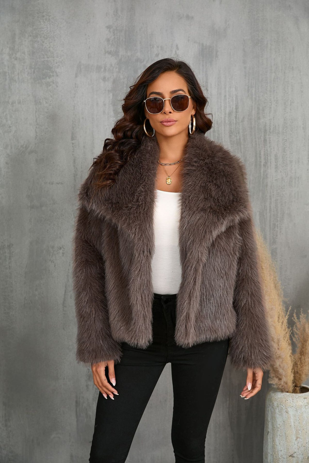 Shaggy Faux Fur Wide-Lapel Cropped Coat