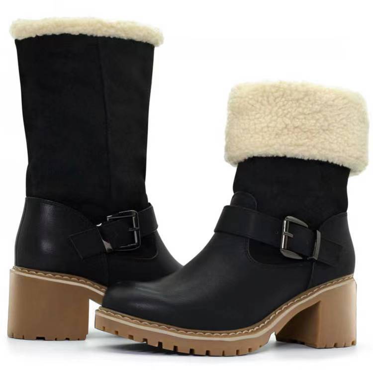 Sherpa Cuff Buckle Strap Block Heel Boots