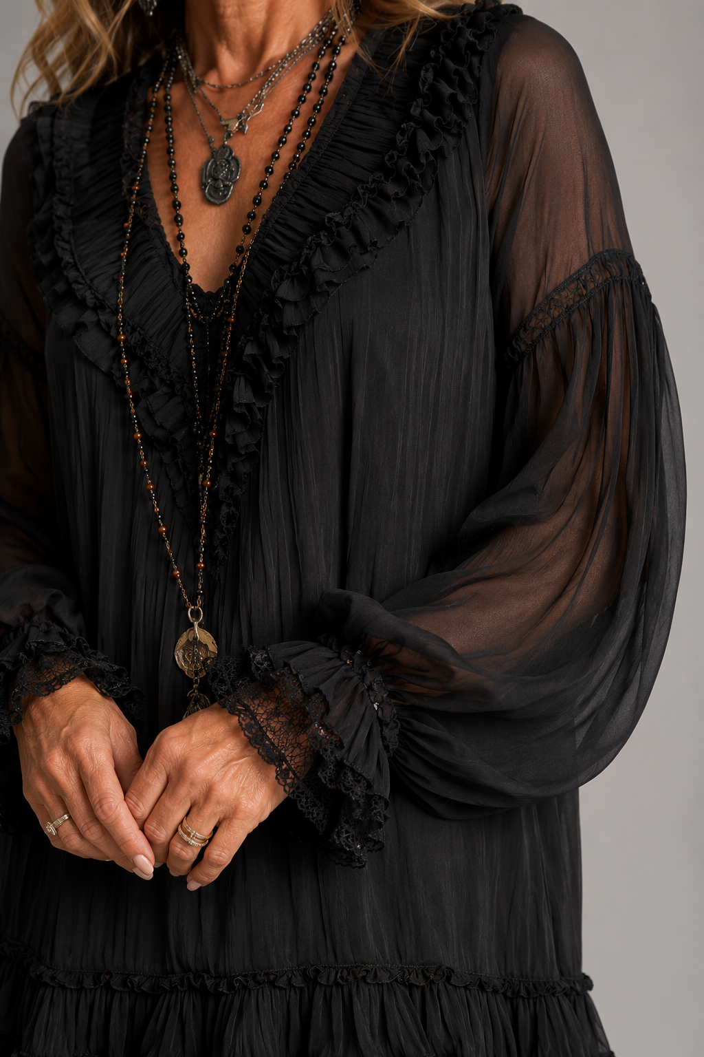 Sheer-Sleeve Ruffle Tiered Mini Dress