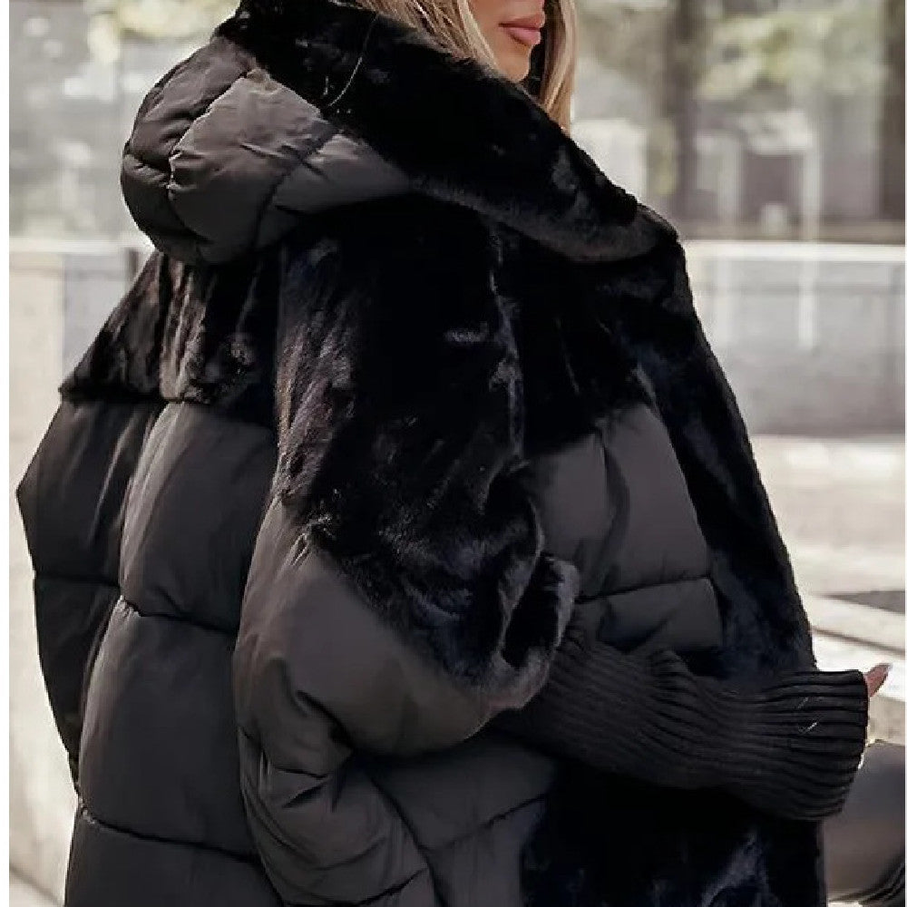 Hooded Faux Fur Patchwork Puffer Cocoon Jacket