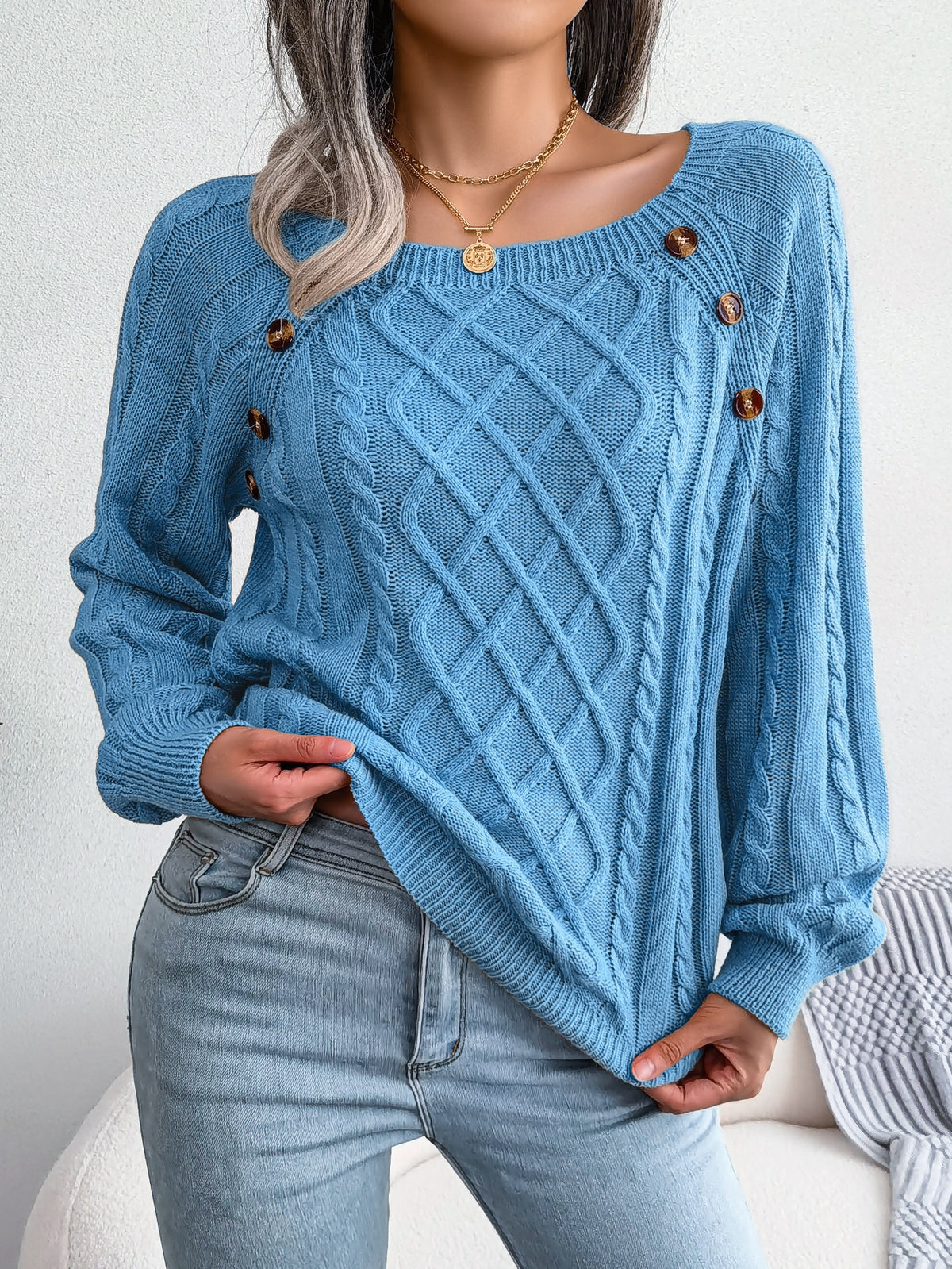 Square-Neck Cable Knit Sweater with Button Trim