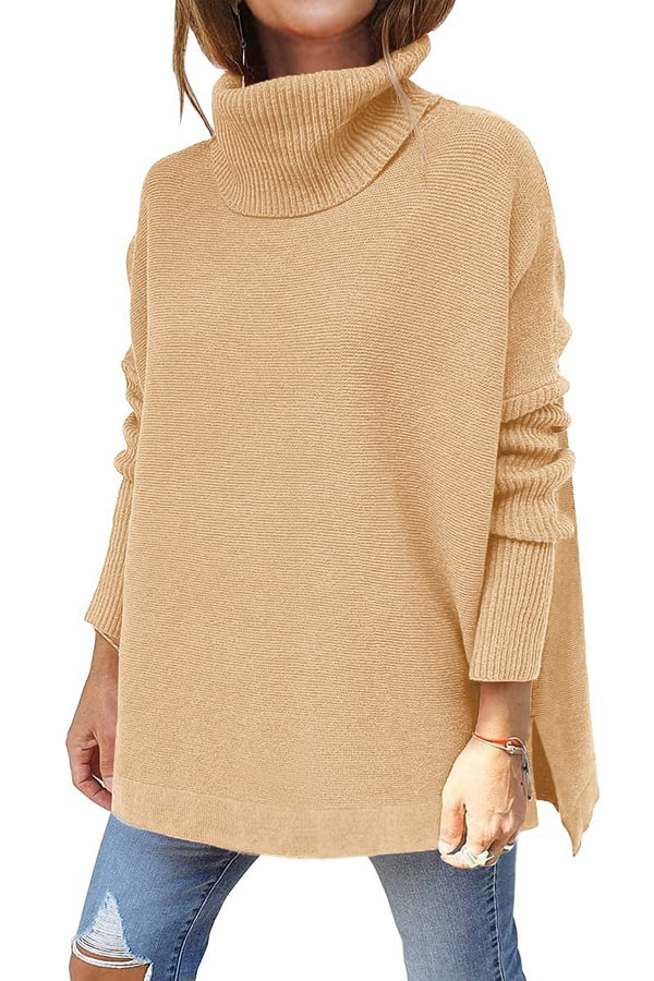 Oversized Turtleneck Split-Hem Tunic Sweater