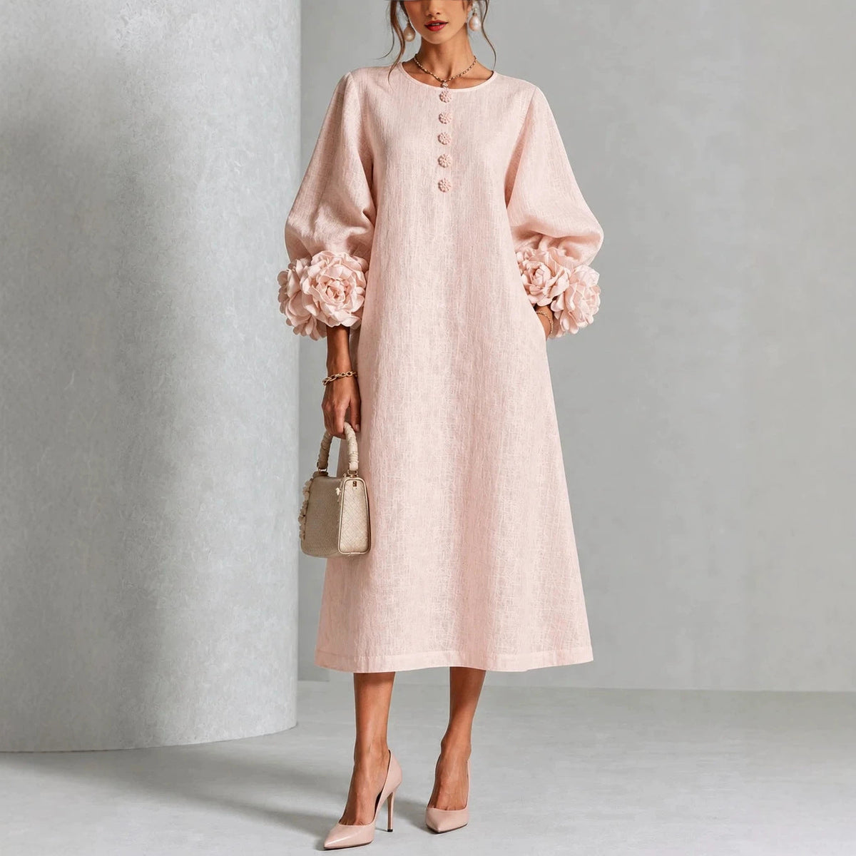 Textured Midi Dress with Rosette Cuffs