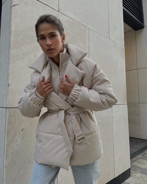 Belted Wrap Puffer Jacket with Lapel Collar