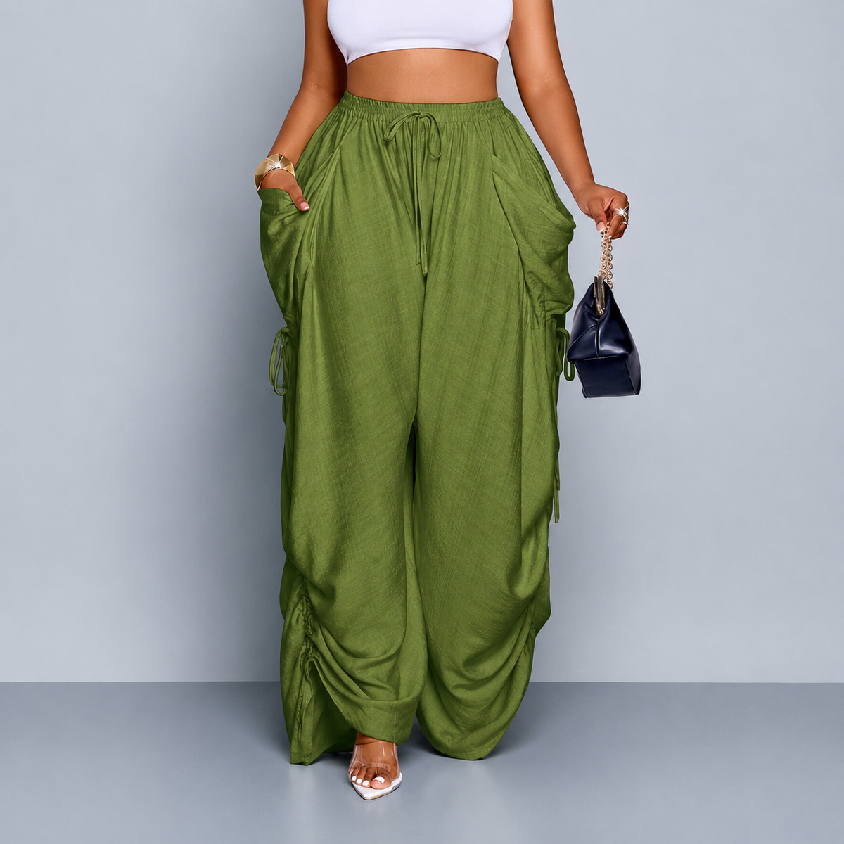 Ruched Wide-Leg Drawstring Pants