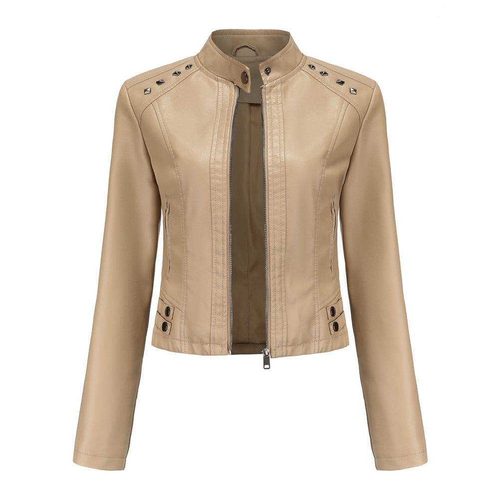 Stand-Collar Studded Faux Leather Moto Jacket
