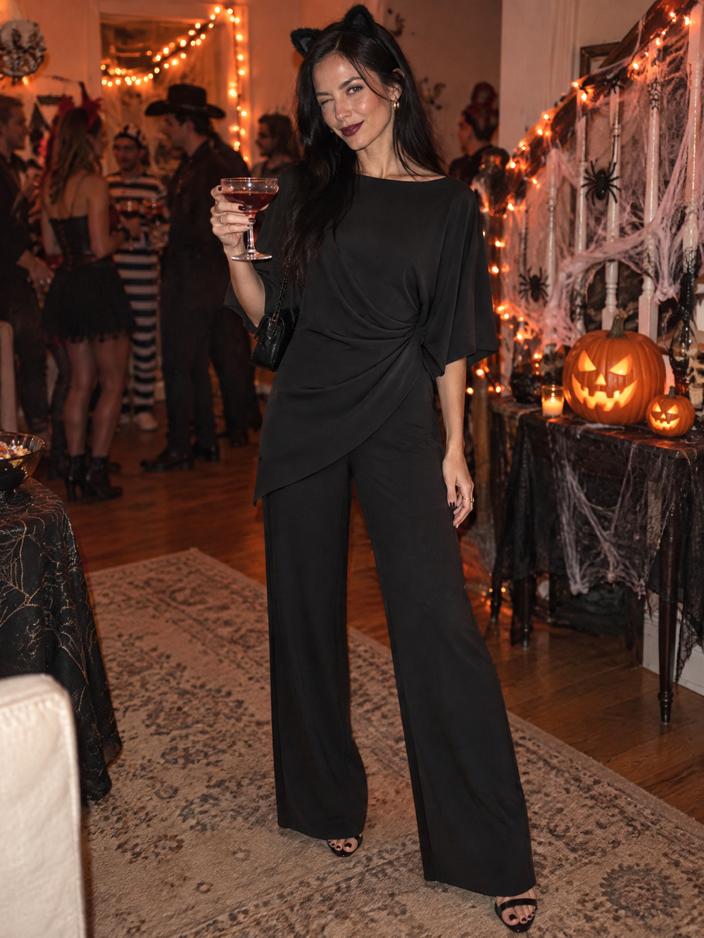 Draped Cape-Sleeve Top and Wide-Leg Pants Set