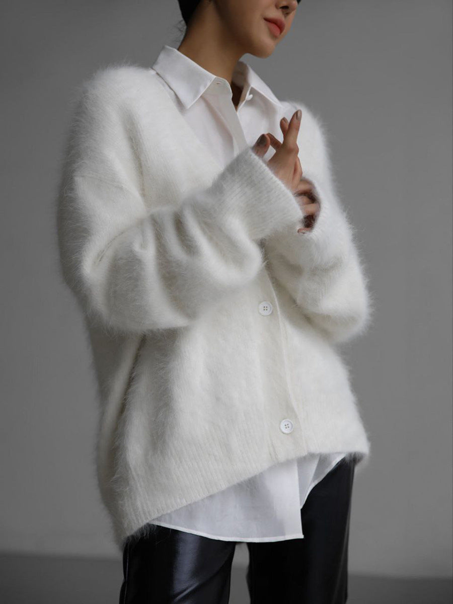 Fuzzy Oversized V-Neck Button Cardigan
