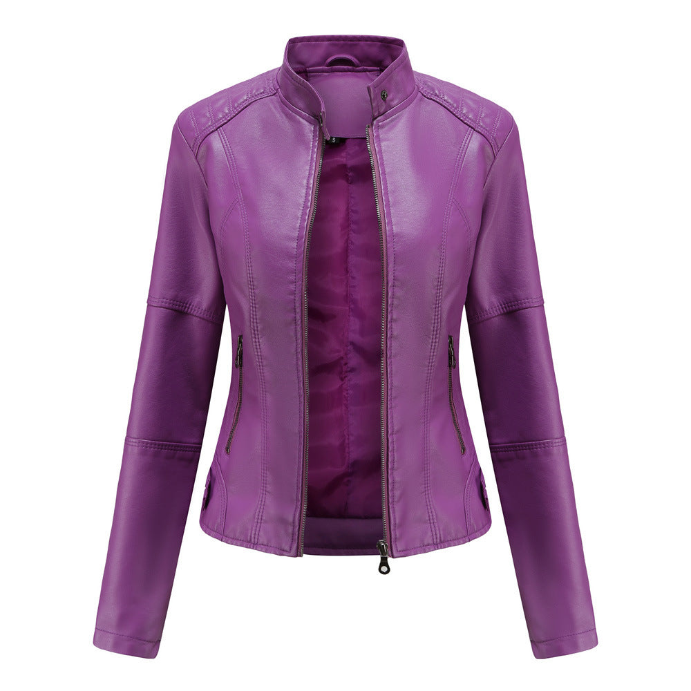 Stand-Collar Faux Leather Moto Zip Jacket