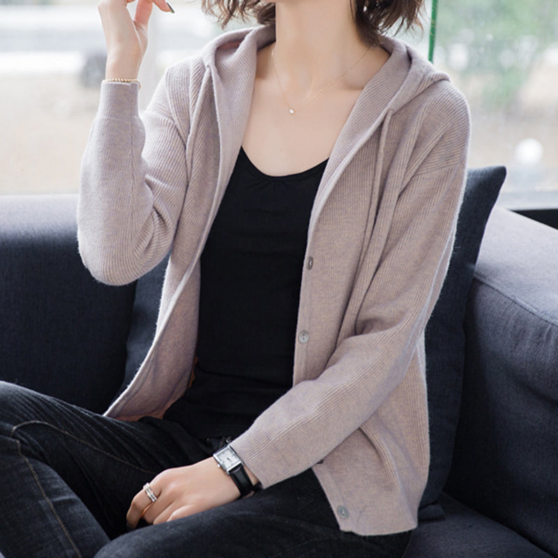 Hooded Button-Front Knit Cardigan