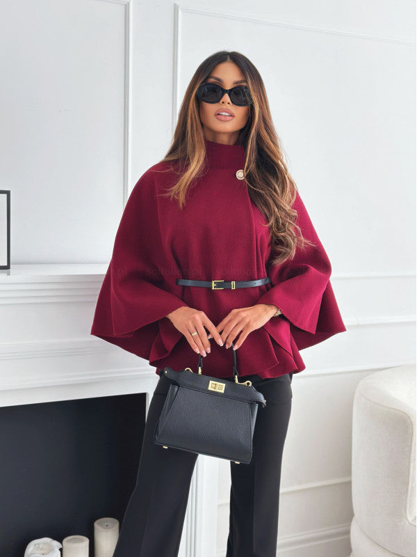 Belted Stand-Collar Batwing Cape Jacket