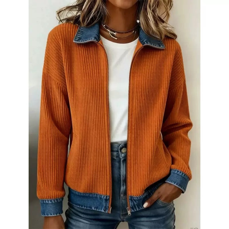 Ribbed Knit Zip Jacket with Denim Trim
