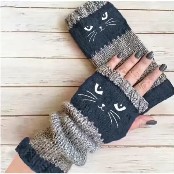 Embroidered Cat Fingerless Knit Gloves