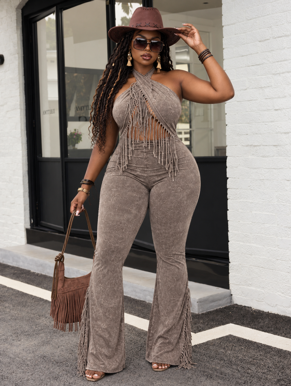 Fringe Halter Flare Jumpsuit