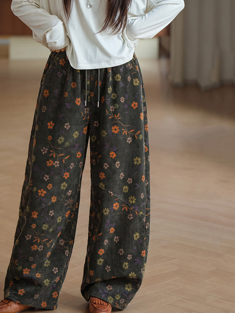 Vintage Floral Corduroy Wide-Leg Pants