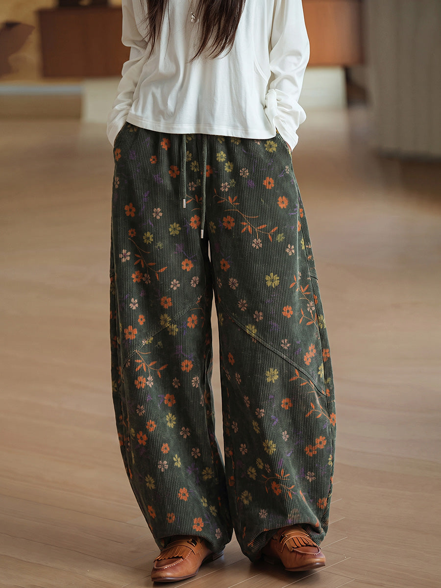 Vintage Floral Corduroy Wide-Leg Pants
