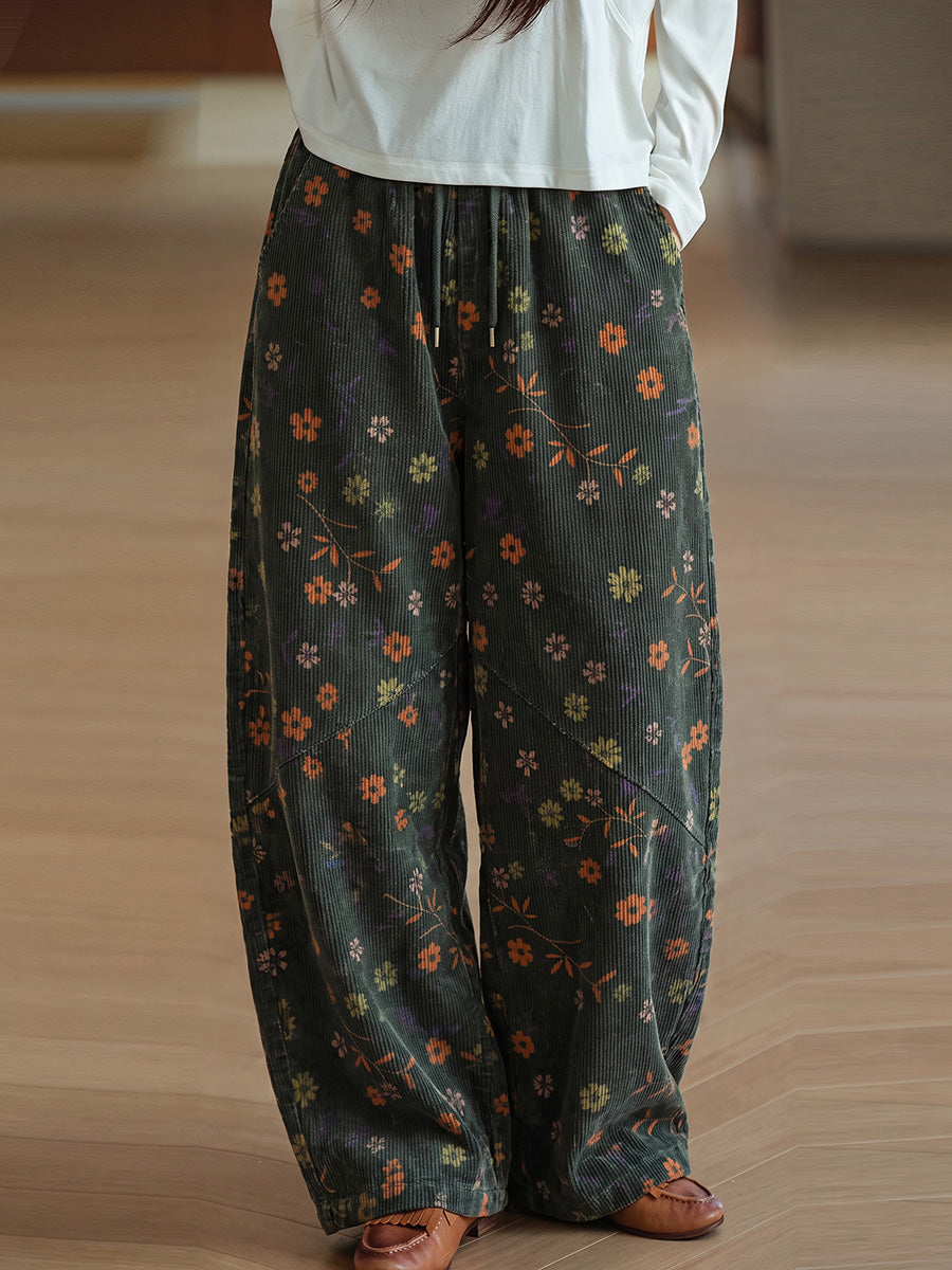 Vintage Floral Corduroy Wide-Leg Pants