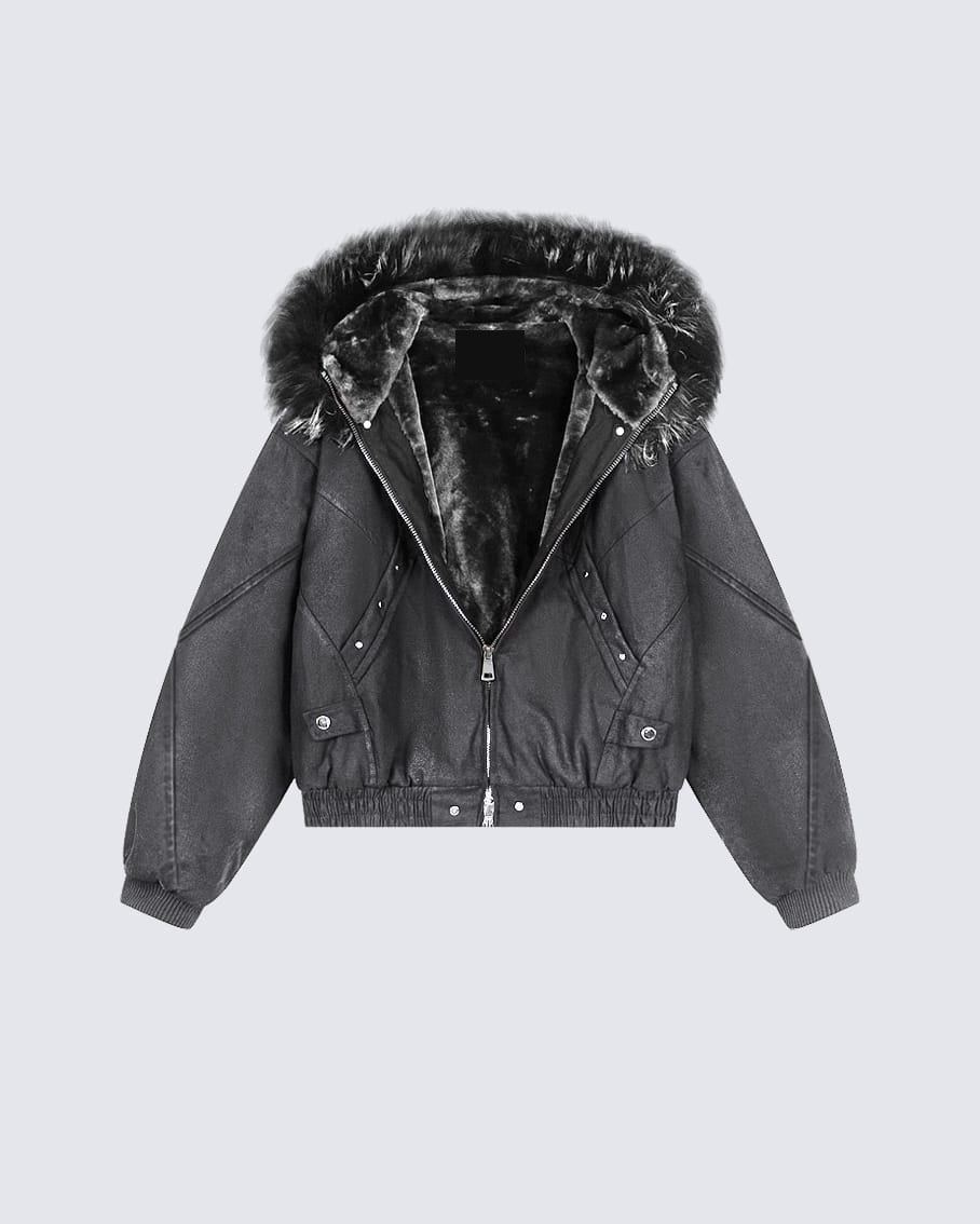 Faux Fur Hood Plush-Lined Cropped Bomber