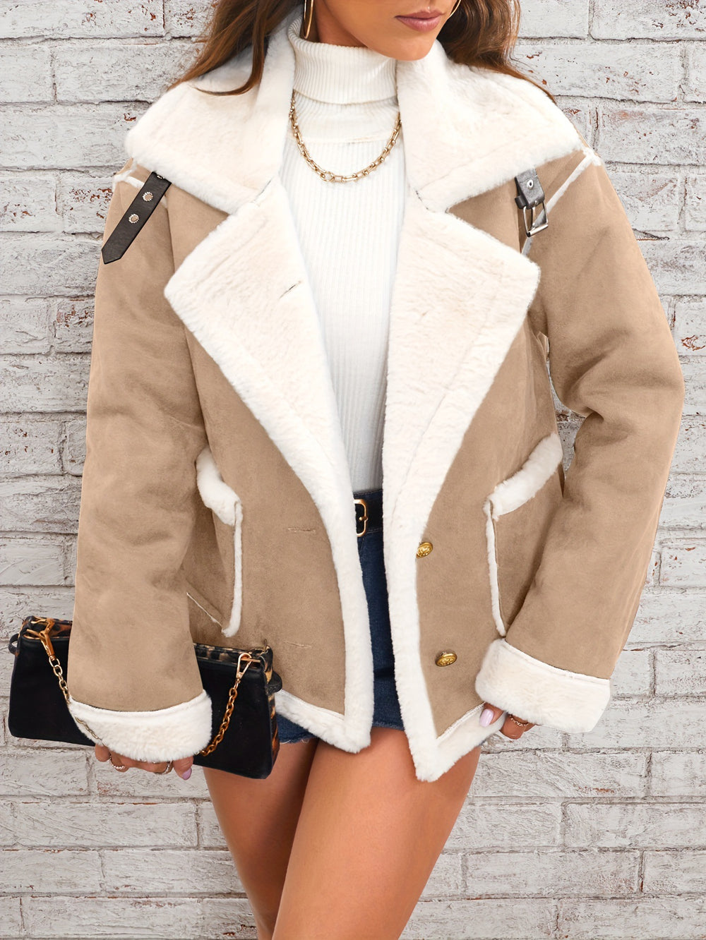 Sherpa-Collar Faux Suede Aviator Jacket