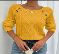 Square-Neck Cable Knit Sweater with Button Trim
