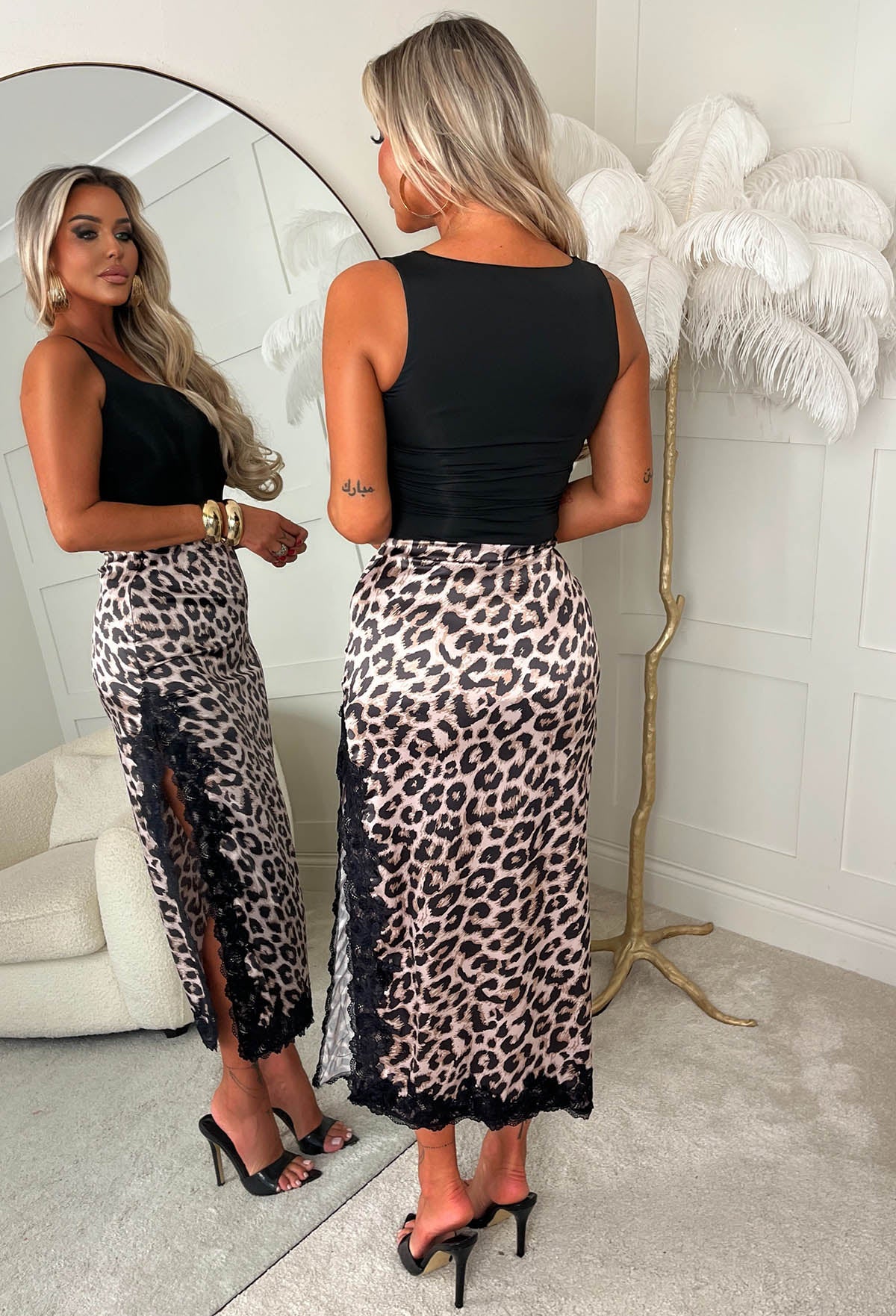 Leopard Satin Lace-Trim Slit Midi Skirt