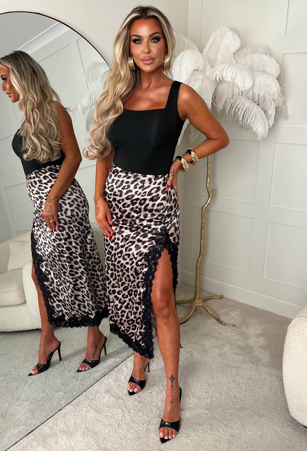 Leopard Satin Lace-Trim Slit Midi Skirt