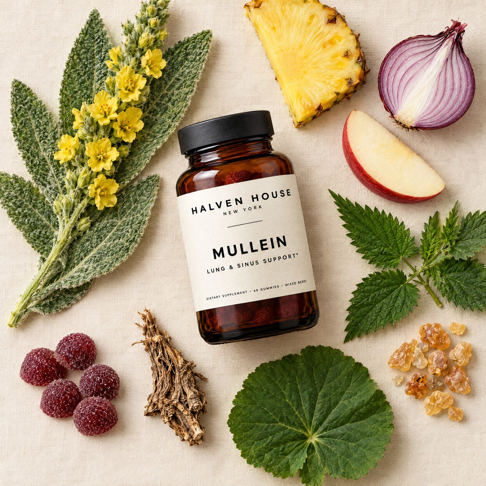 Mullein Gummies bottle surrounded by the botanicals in the formula