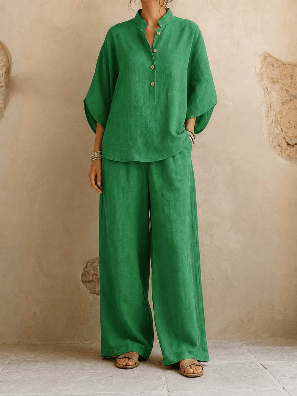 Batwing-Sleeve Shirt & Wide-Leg Pant Set